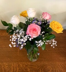Six Assorted Colored Roses Vased  from Downeast Flowers in Sanford and Kennebunk, ME
